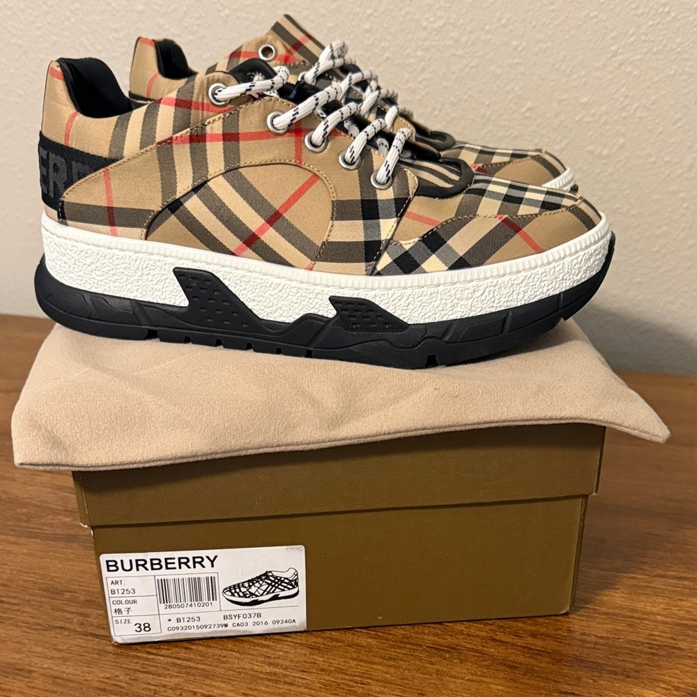 Burberry Beige and Black Check Sneakers